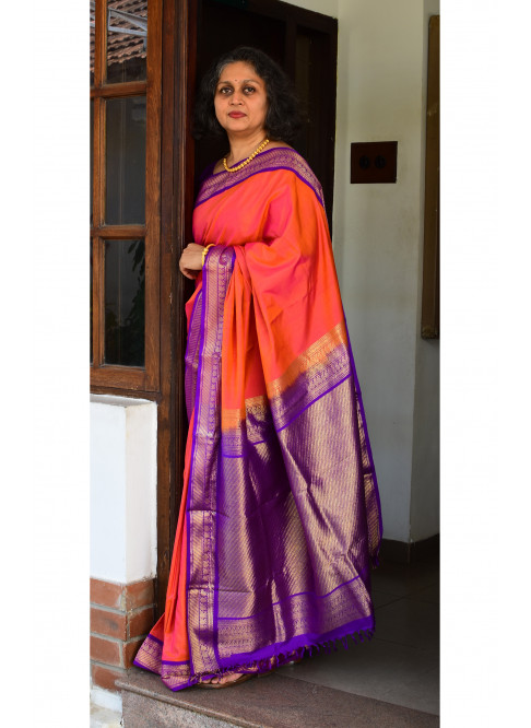 Light Orange, Handwoven Ahimsa Silk, Plain Weave , Jacquard, Festive Wear, Real Jari Saree